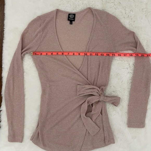 Balletcore Wrap Side Tie Long Sleeve Top | Bobeau Dusty Rose Pink Ribbed Sweater - Picture 11 of 16